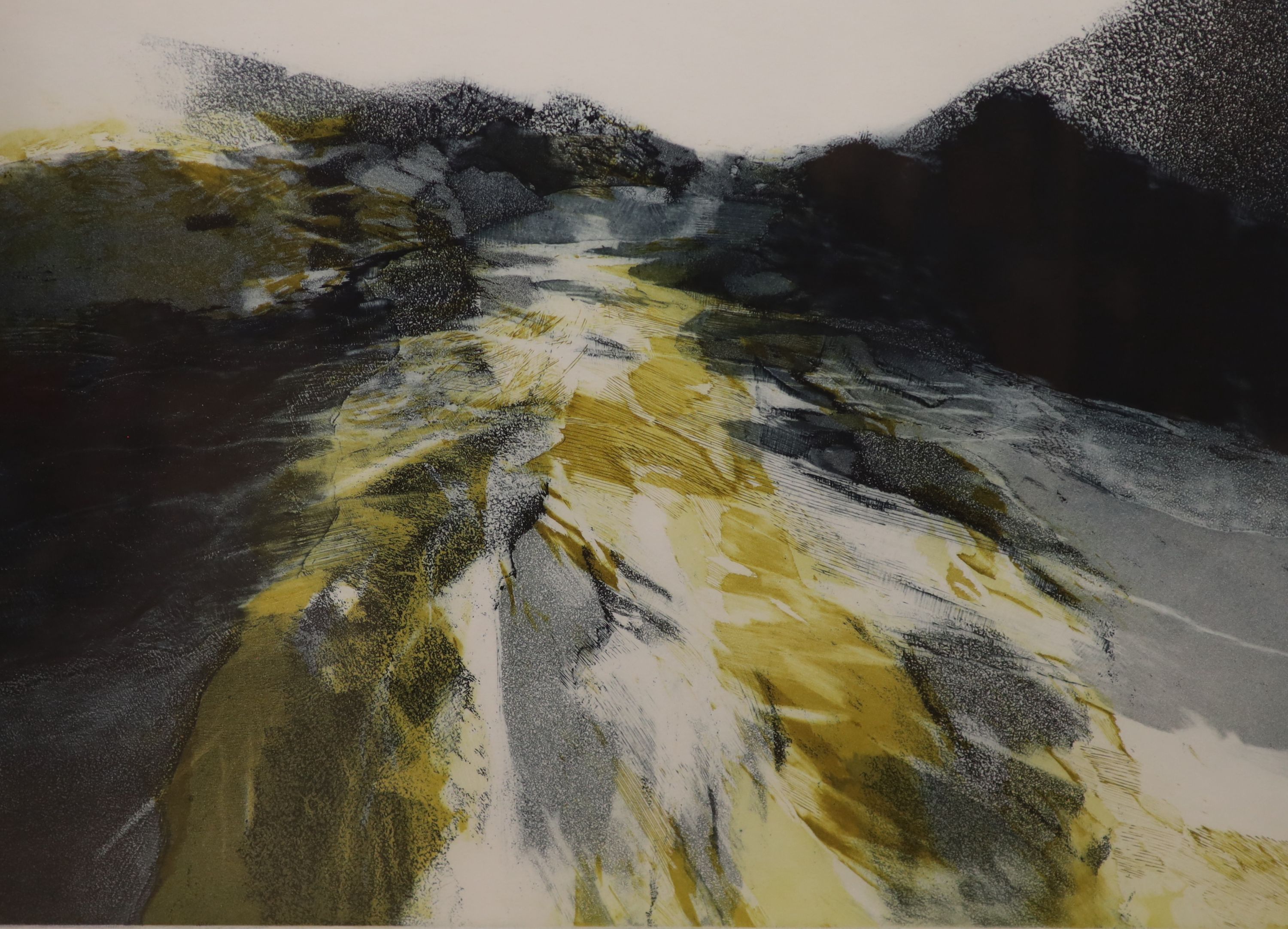 P. Matthews, colour etching, 'River', signed, 28/50, 34 x 46cm and Sophie Knight (1965-), watercolour, Table top still life, signed, 67 x 55cm